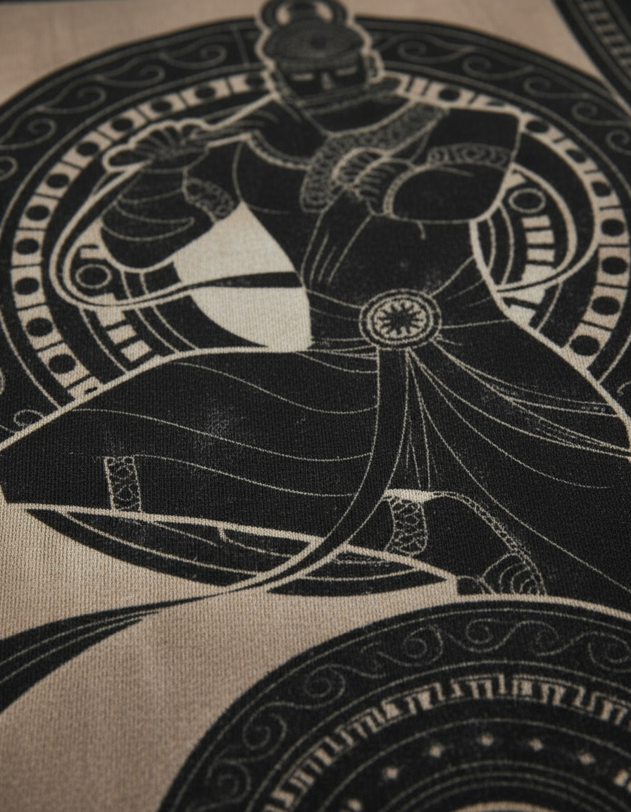 Decorative design with a stylized figure and intricate patterns on a beige background