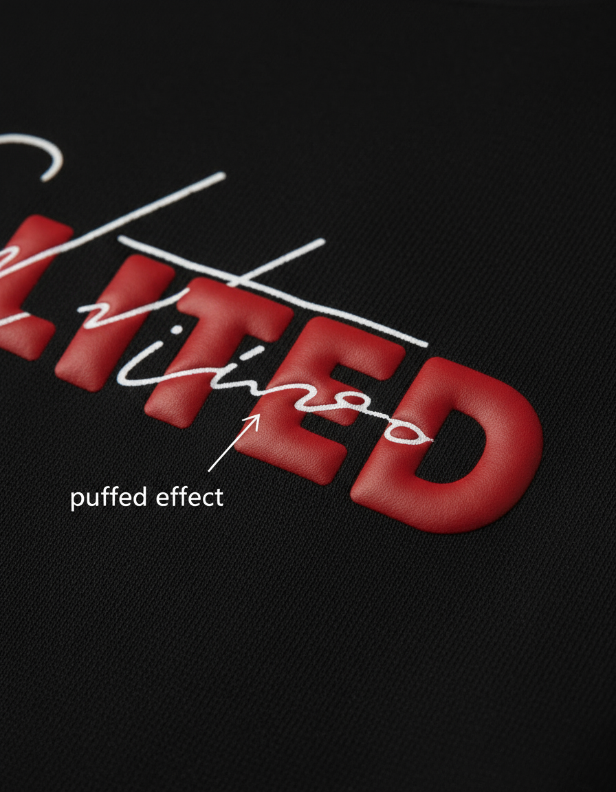 Person wearing a black sweatshirt with red text sitting on a white chair against a gray background