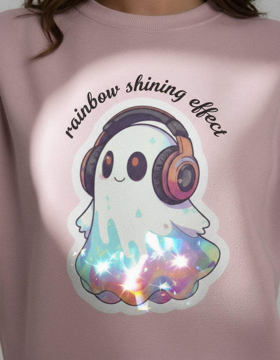 Woman wearing a pink sweatshirt with a graphic design and blue jeans on a light gray background