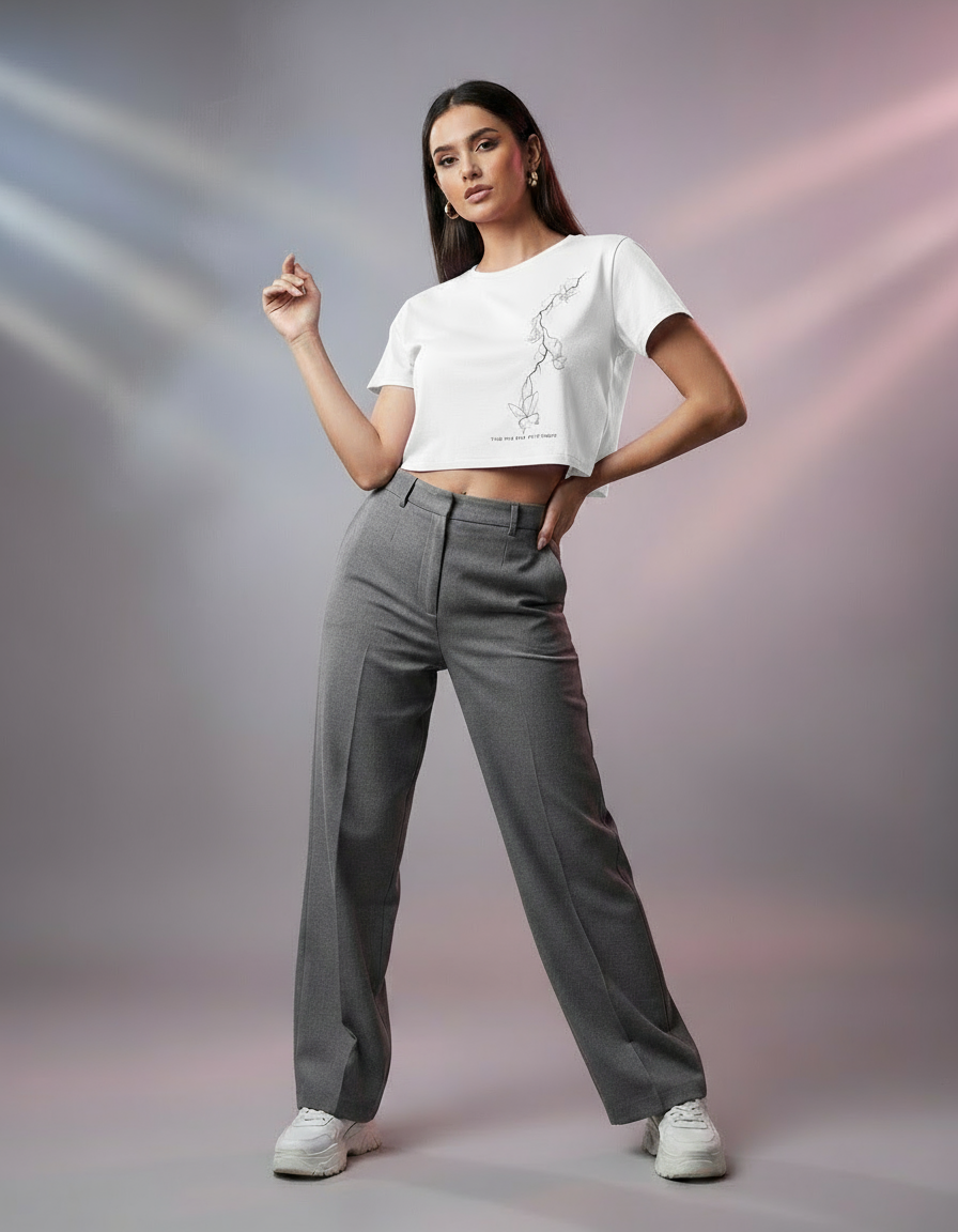Woman wearing a pink crop top and gray pants against a gradient background